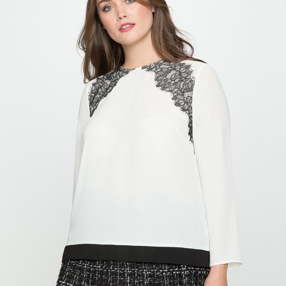 New Sheer Eloquii white lace trim top